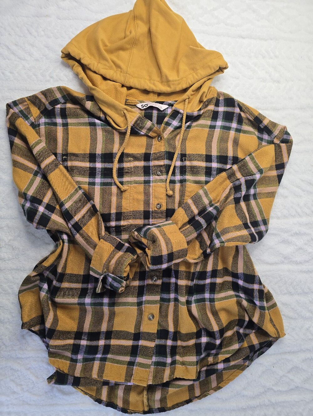 SO Hooded Plaid Flannel Mustard Yellow Button-up Long Sleeve 90s Grunge Relaxed